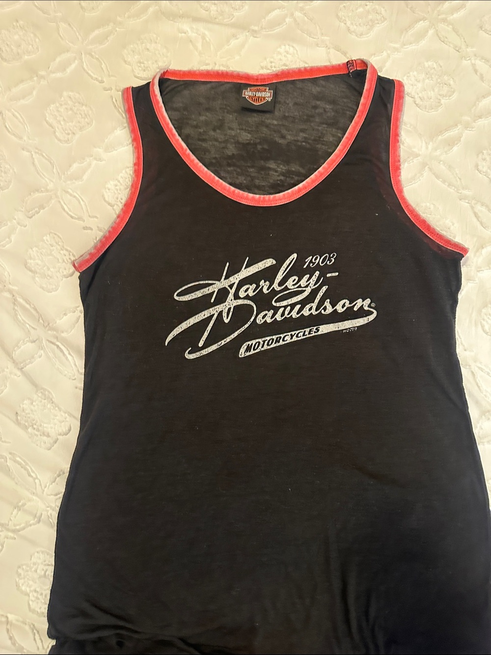 Harley-Davidson Black Tank with Coral Trim and Script Logo